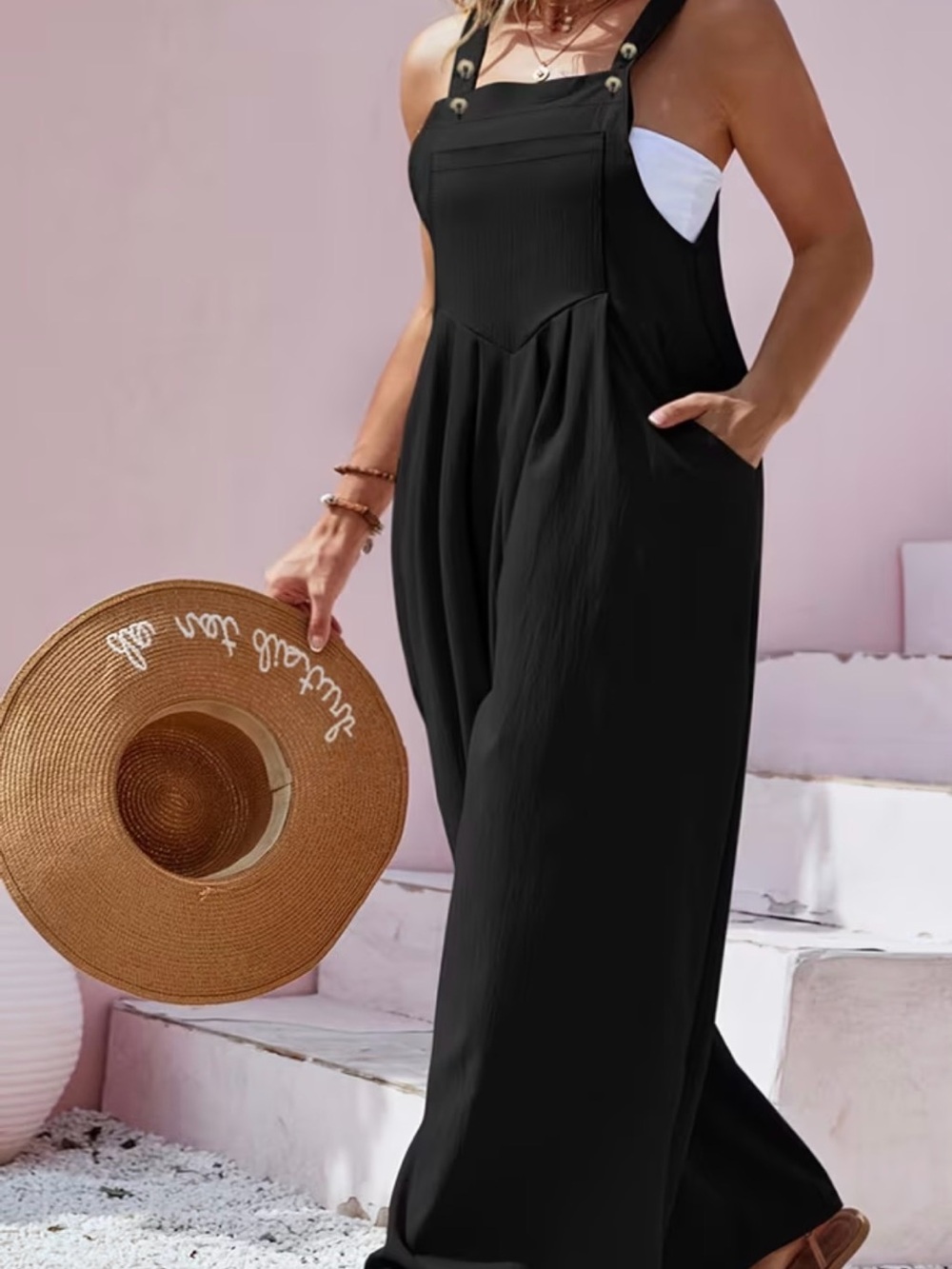 SHEIN Black Wide-Leg Bib Jumpsuit with Buttoned Straps
